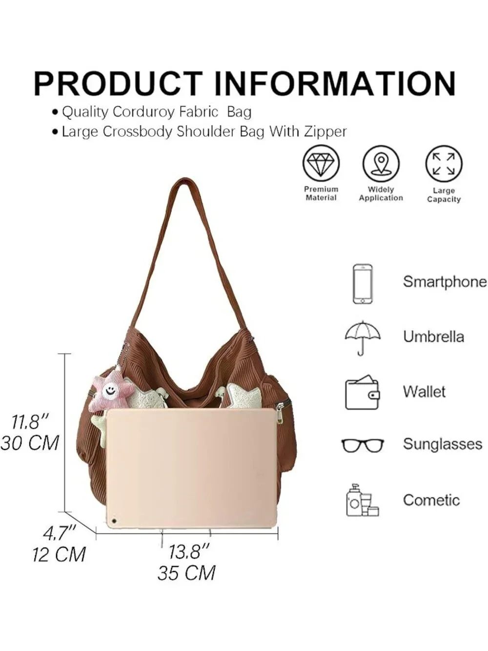 Women's Brown Multiple Pockets Zipper Aesthetic Hobo Bag Crossbody Handbag